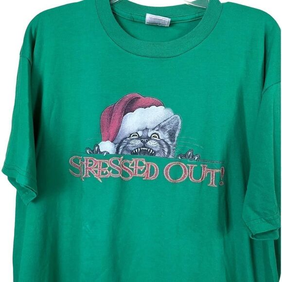 Vintage Jerzees Stressed Out Cat Santa Green Christmas T-Shirt Size XL Unisex - Picture 2 of 6